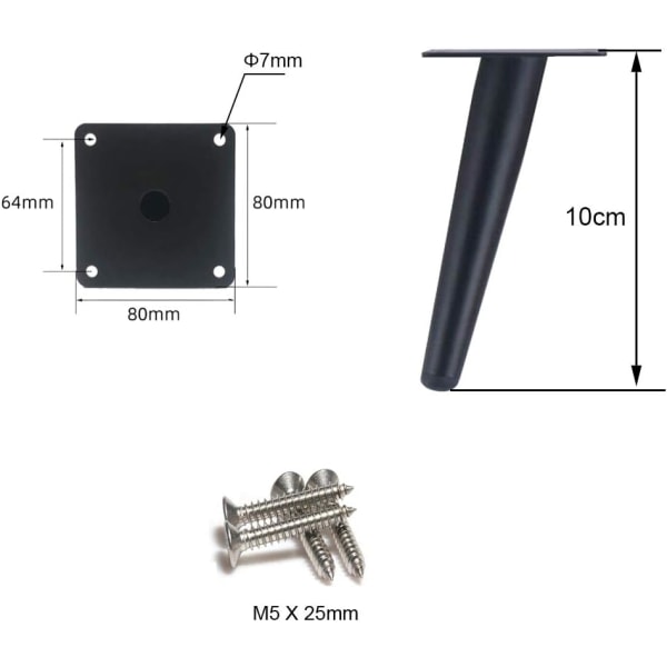 4 stk. skrå bordben i metal, kegleformede møbelben, 201 rustfrit stål, sort, 10 cm højde, skridsikker lydløs bund til sofaer, borde