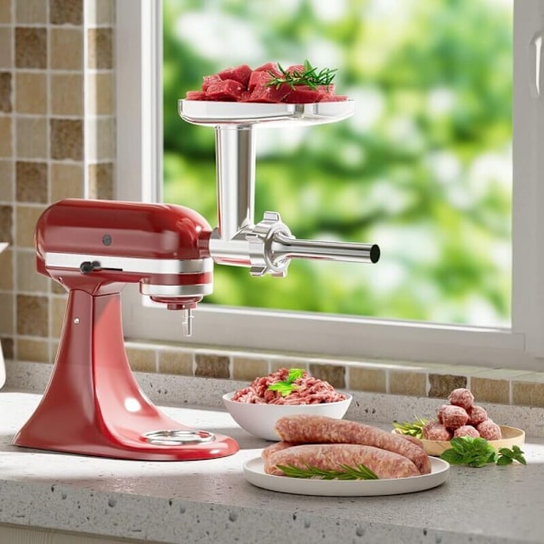 Metallinen lihamyllyn lisäosa KitchenAid-yleiskoneisiin, sisältää 3 makkarasuppiloa, Kitchen Aid -lihamylly