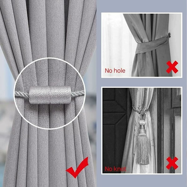 Erä 2 magneettista 40,6 cm:n verhonpidikettä sivuköydellä, käytännöllisiä ja koristeellisia kotiin ja työpöydän ikkunaverhoihin (harmaa)