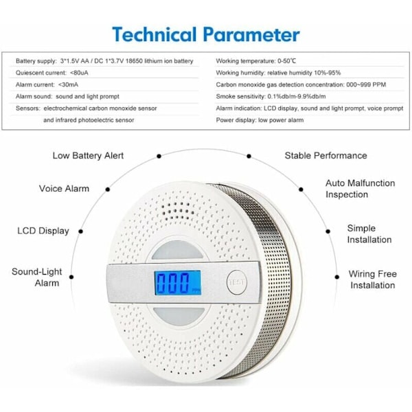 1 st rök- och kolmonoxiddetektor, 2-i-1 CO- och rökdetektor, förbättrad sensor batteridriven med LCD-skärm, automatisk monoxidmonoxi