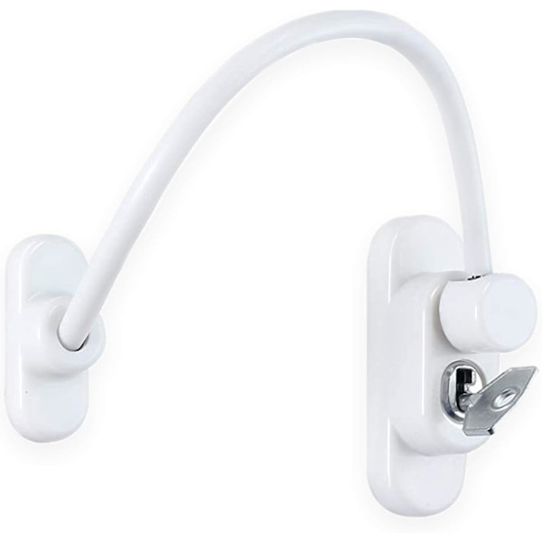 Hvid aflåselig vinduesbegrænser med nøgle, 20 cm kabel begrænser vinduer, der åbner til 100 mm for at forhindre skader eller indbrud, holdbar lås til sikkerhed.
