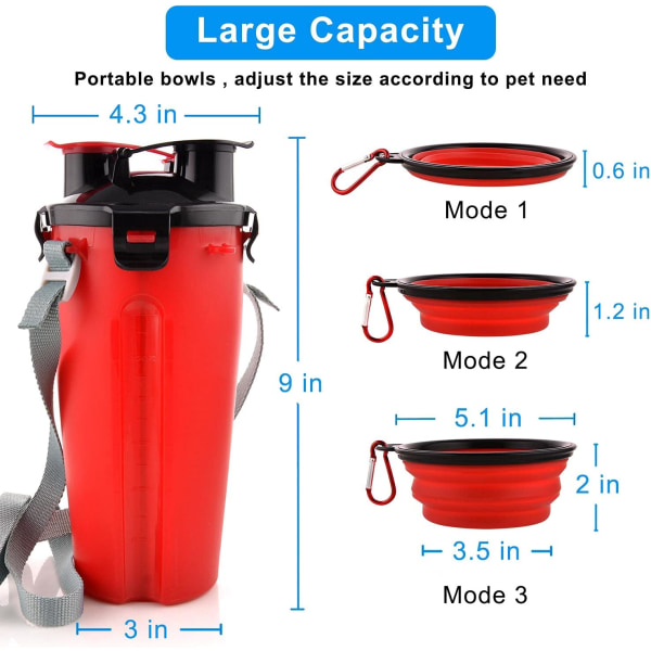 Hundevandflaske med 2 sammenleggbare skåler Bærbar 2 i 1 vannflaske og mat til hunder Katt Kjæledyr, Reiseflaske for tur, trening, fotturer, Ca