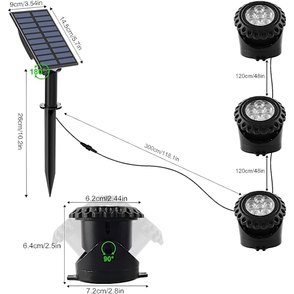 Solcells drivna LED undervattensdammlampor 2 lägen justerbar undervattenslampa, 6 färger, IP68 vattentät, automatisk på/av, sollampor