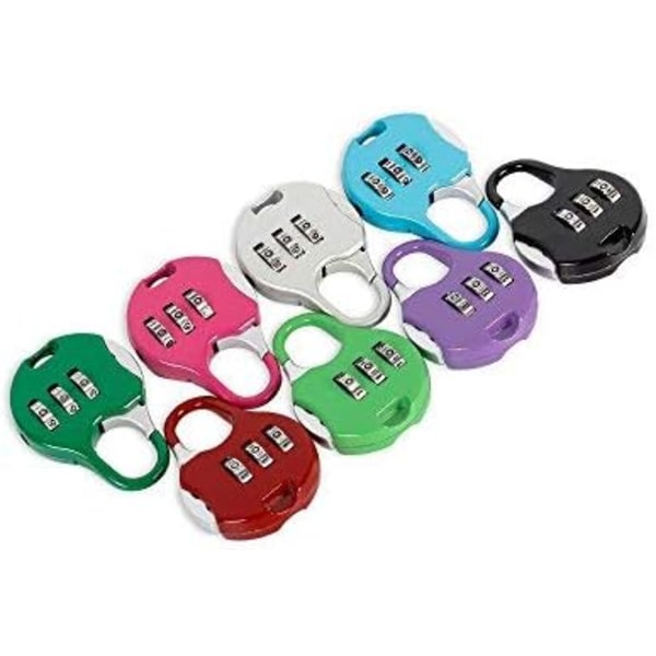 8-pack Mini 3-siffrig återställningsbar kombinationshänglås för resväskor, bagage, olika färger