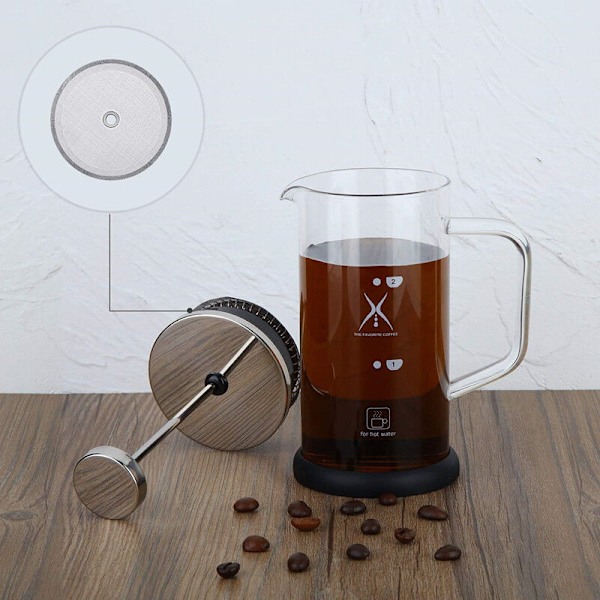 Pakke med 6 filtre med ekstra si til stempelkande, genanvendelige mesh-filtre til universelle trykkaffemaskiner på 1000 ml / 34 oz / 8 kopper