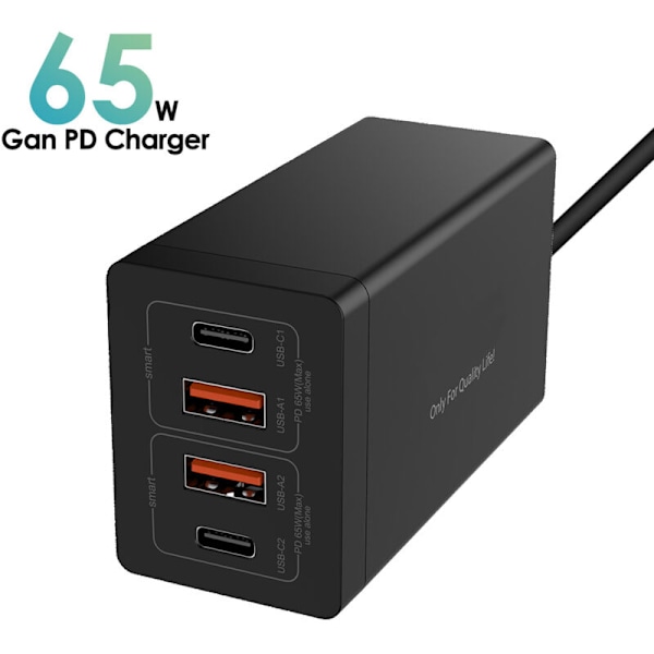 USB GAN 65 W laddstation 4-portars HUB med 4 portar snabbladdare QC4.0 QC PD3.0 PD USB Väggladdare Typ-C för smartphones, surfplattor, laptops och mer