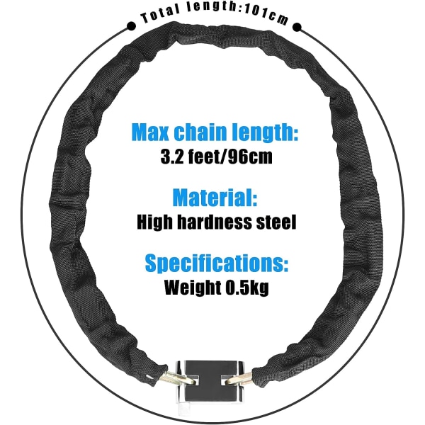 Cykellås Heavy Duty, [3 nycklar] 1m stöldskyddskedja med hög säkerhet, väderbeständigt cykellås hänglås för cykel, motorcykel, skoter, dörr