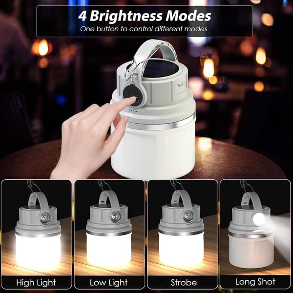 LED solcelle campinglys, superlys 350 lumen oppladbar campinglys, 4 lysmoduser, dimbar søkelys med krok