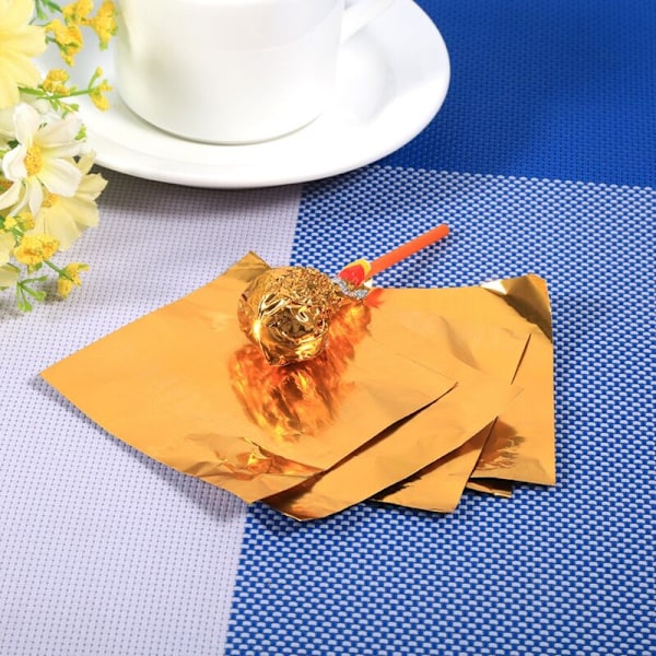 Sæt med 100 firkantede aluminiumsemballager til slik, chokolade, slikkepinde, 7,6 x 7,6 cm, guld