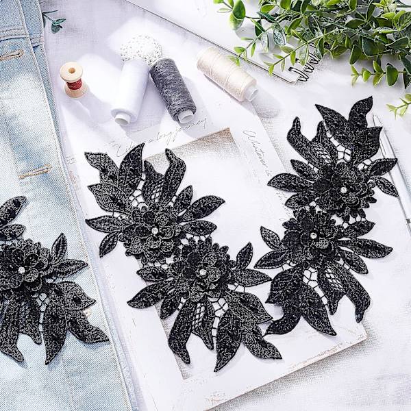 2 stk. 3D blonder applikationspatches, sort sy på broderi blonder blomster patches blomstermønster perler rhinestones blonder trim stofperle applikationer til syning
