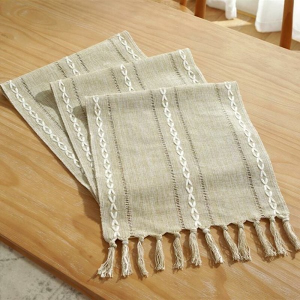 Rustikk linpute med pompom håndlaget, fast stil, 160 cm lang, for festlig og spisestue dekorasjon, 160x33cm