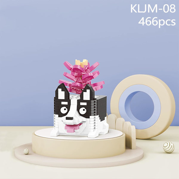 Miniature byggesæt, hund og blomst, DIY mini 3D byggesæt, 466 dele (Husky, Agave)