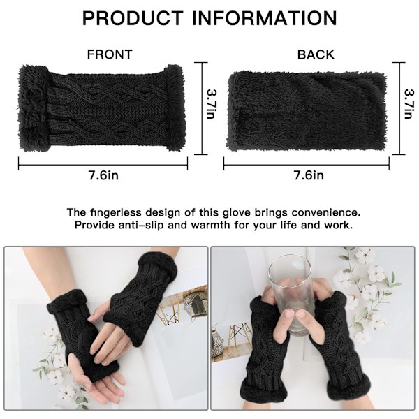 Fingerlösa handskar för kvinnor - Vinter Stickade Termiska handledsvärmare Dam Fleecefodrade fingerlösa handskar Vantar Kabel Stickade Termiska Vantar med tumhål
