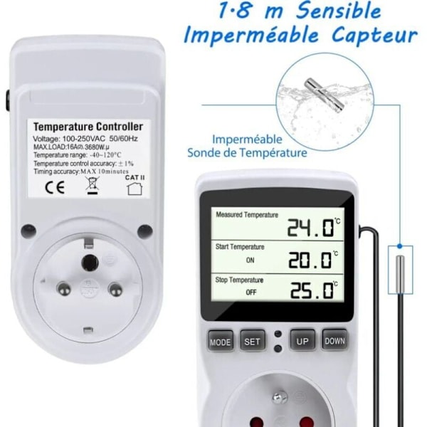 Termostat stikdåse, temperaturregulator, programmerbar digital timer med probe, sæt termostat drivhusvarme, 1 stk akvarium
