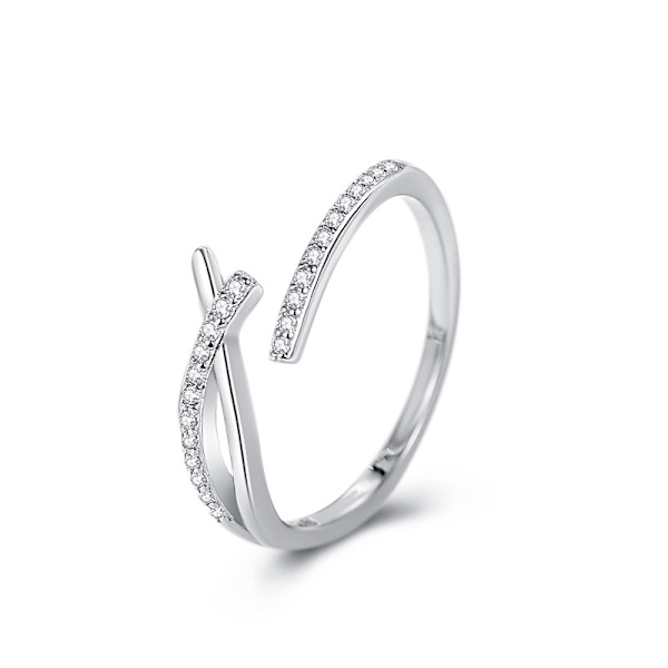 Enkel korsring, justerbar, sterlingsilver, kubisk zirkonia silverring - kvinnor, vitt guld