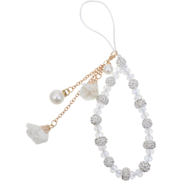 Kännykkäkoru (valkoinen) - Crystal Beads -puhelimen hihna kukkalla