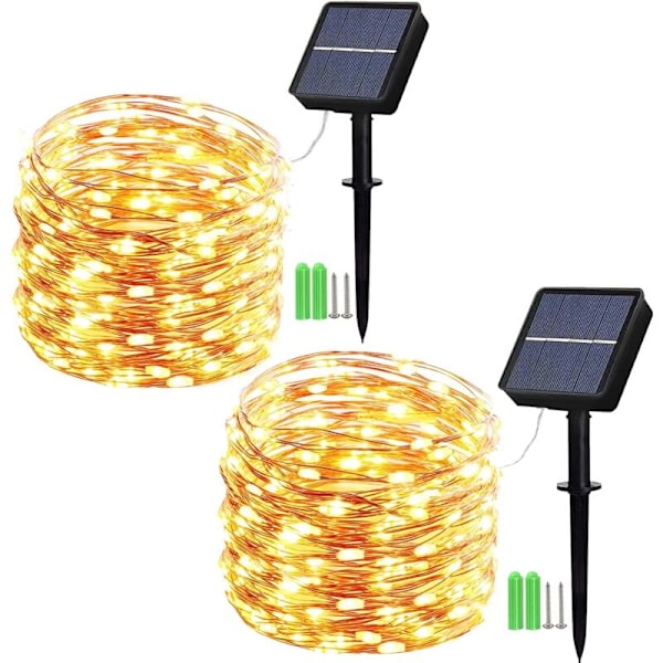 2-pack Solcellsslingor Utomhus 10m 100 LED Koppartråd Solcellsslingor med 8 Lägen, för Utomhusdekoration, Trädgård, Träd etc (Varmvit)