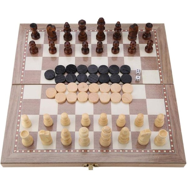 Sjakksett av tre, 3-i-1 sjakk og dam og Backgammon Foldin