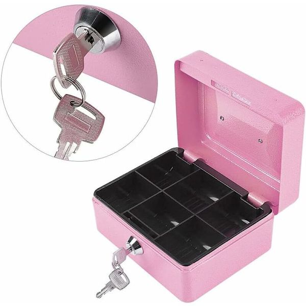 Låsbar stålsikkerhetsboks, Mini bærbar sikkerhetsboks, Mini bærbar stålsikkerhetssafe, med 2 nøkler, for bulkpenger, mynter (rosa)