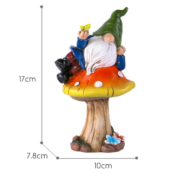 Hauska puutarhatonttusetti, 2 kpl 17,5 cm puutarhatonttufiguuria, jotka makaavat sienillä, synteettistä hartsia, tervetulotoivotuksella, puutarhatonttukoristepatsas
