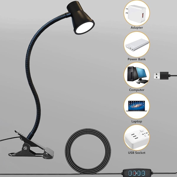 Klippbar lampa USB-läslampa Ögonskydd Klippbar lampa Flexibel svanhals Dimbar läslampa Klippbar lampa för sänggavel Skrivbord Sängbord (Svart)