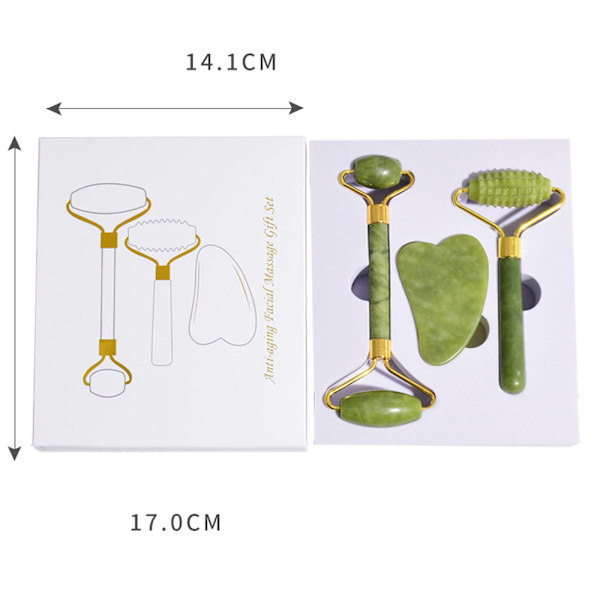 4 i 1 Set Jade Ansiktsmassage och Gua Sha Rollers, Grön Jade Roller med Ögonmassagerare, Jade Sten Ansikte Gua Sha, F Massager