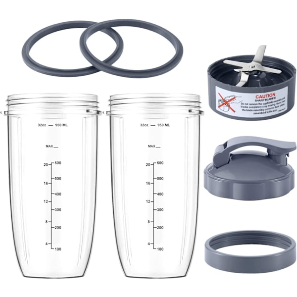 7 deler nutribullet blenderkopper  bladutskiftningssett 32oz stor kopp med 1 flip-top to-go lokk og 1 lokkring  premium ekstraktorblad med kompatible