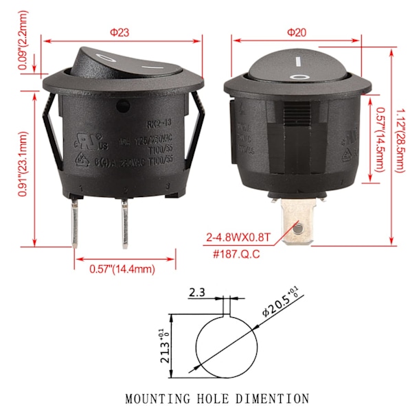 Svart - Set med 5 runda vippströmbrytare - 2 SPST-terminaler, 6 A, 250 VAC, UL, VDE