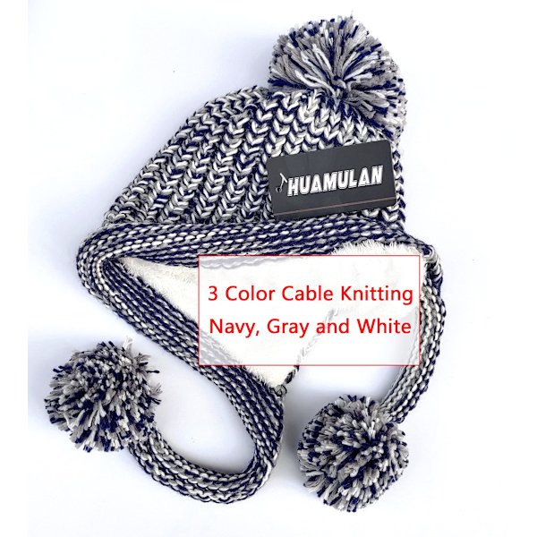 Kvinners vinterperuanske Gaelic Beanie ørevarmere Sherpa snølue strikket fleecefôret 3 pom poms, grå
