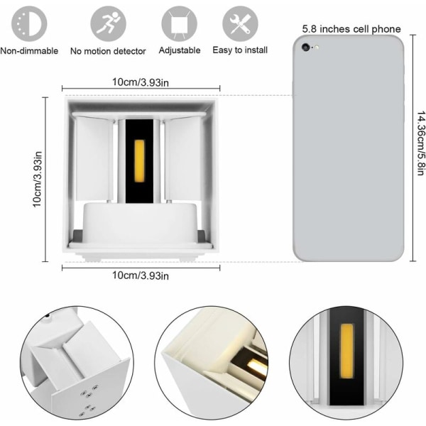 BR-Vie 6W Indendørs/Udendørs Væglampe, Justerbar Vandtæt LED Væglampe Op Ned Lampe Design 3000K Varm Hvid Væglamper til Stue Soveværelse Pa