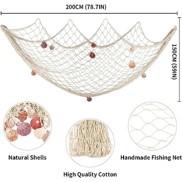 (Valkoinen) 200cm x 150cm kalastusverkko simpukkakoristeilla ranta-aiheinen sisustus juhliin kotiin olohuoneeseen makuuhuoneeseen Välimeren tyyliin seinäkoriste