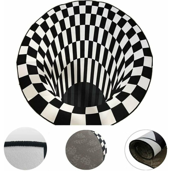 Rundt sort-hvidt gittertæppe, 3D Vortex Illusion-tæppe, 3D Vortex-tæppe til soveværelse og stue, 3D-gulvtæppe, Vortex Illusion-tæppe, geometrisk optisk tæppe