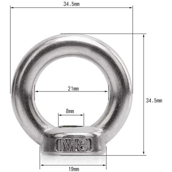 10 stk. løfteøye mutter, hunnringmutter for løfting av 304Pack-OF-10 rustfritt stål, M8