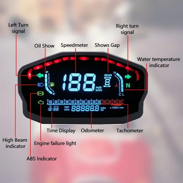 Universal motorcykelhastighetsmätare, kilometerräknare, hastighetsmätare, LED LCD digital varvräknare, bakgrundsbelyst kilometerräknare för 1, 2, 4 cylindrar