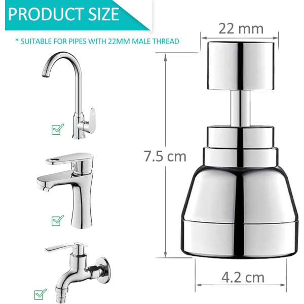 3-läges sprayhuvud köksblandare munstycke - 360 graders sprayhuvud köksho (Silver), köksluftare, vattenbesparande adapter för kran, för badrum