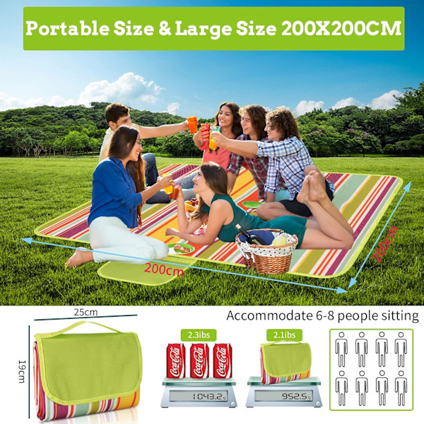 Piknikviltti 200x200cm, Piknikmatto 600D Oxford-kankaasta ja PVC-kerroksesta, Piknikpöytäliina matkustukseen, piknikille, leirintään (monivärinen)