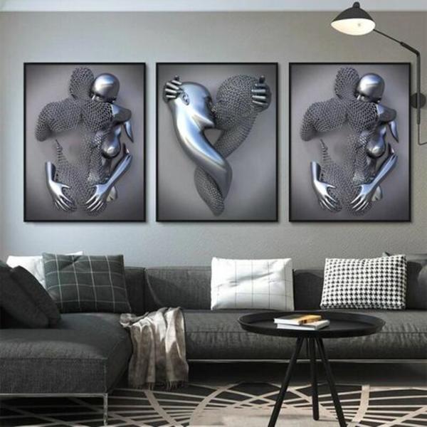 Konst Modern Poster Set om 3 - 3D Metallfigur Staty Konst Kärlek Hjärta Kyss Bilder Väggkonst Dekoration - Utan Ram - Väggdekoration Vägg Vardagsrum