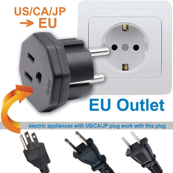 Hannplugg til EU/DE/FR/IT/ES hunnplugg, US/CA/JP hannplugg for elektronisk enhet 2-pinners EU hunnadapter (1 stk. svart)