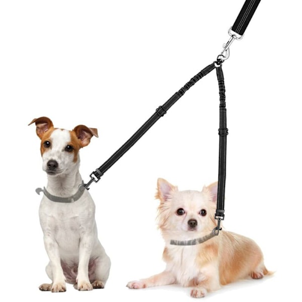 Dobbel kobbel-separator for hunder, uten floker, 360° rotasjon, hundekobbelkobling for å gå tur med 2 hunder, dobbel kobbel reflekterende støtdempende justerbar
