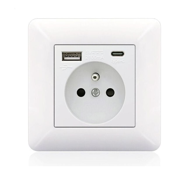 Fransk stikkontaktpanel type-C+USB16A Type 86, Antall stikkontakter: 2 hull, antall USB-porter: 1, antall type-C-porter: 1, sikker og solid (hvit bue)