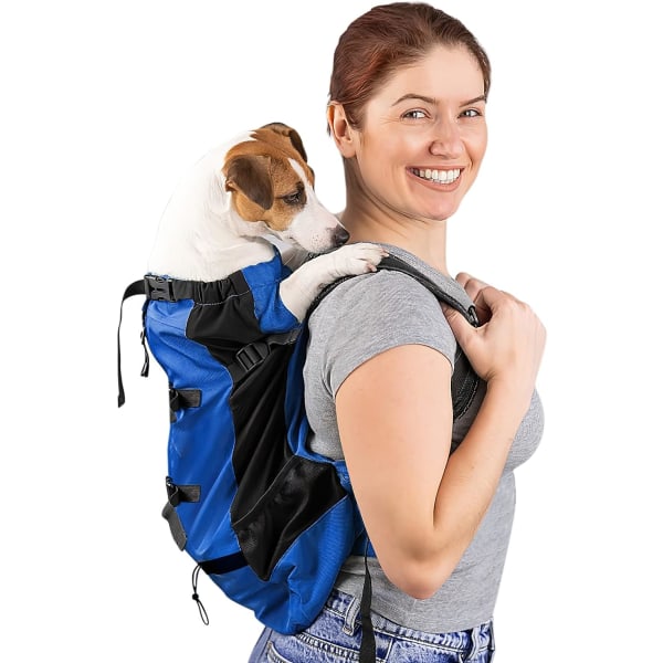 Ryggsäck för hund, bärbar justerbar hundryggsäck, ventilerad husdjursryggsäck, husdjursryggsäck för utomhusklättring promenader (L, blå)