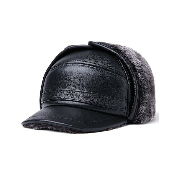 Herre 100% ekte kuskinnhatt Vinter varm utendørs beskytt øre ekte skinnlue for vinter varm fôr (svart og hvit) 2XL {59-60cm}
