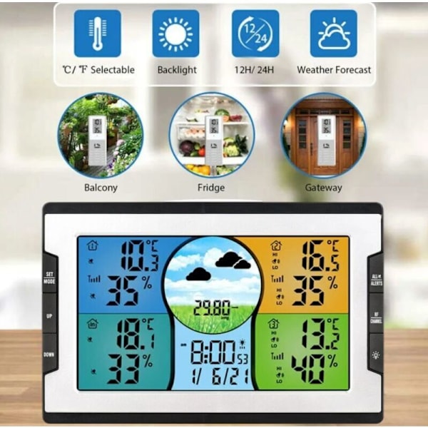 Radioväderstation med 3 utomhussensorer Digital färgdisplay Termometer Hygrometer Barometer, Väderprognos, Justerbar bakgrundsbelysning