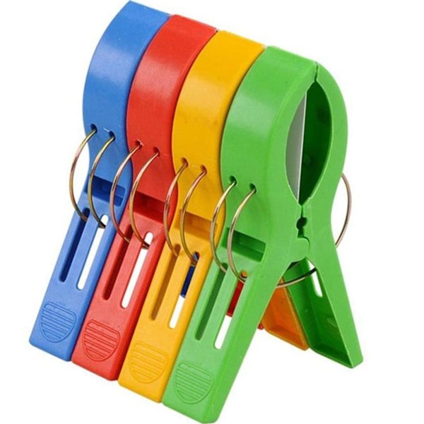 Sæt med store plastikklemmer til ophængning, 12 cm store klemmer til strandhåndklæder, solsenge, poolstole, vasketøj til at forhindre, at klemmer blæser væk, 4 farver
