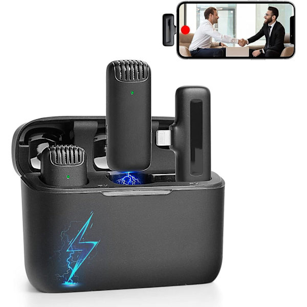 2-pak trådløs lavaliermikrofon for iPhone iPad med ladetaske, 7H professionel reversmikrofon trådløs minimi