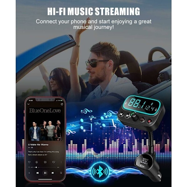 Bluetooth FM-sändare med dubbla mikrofoner, [En knapp för att stänga av FM] Trådlöst handsfree-kit för bilen med 3 USB-portar (PD18W & QC3.0), 9 färger LED-bakgrundsbelysning, S