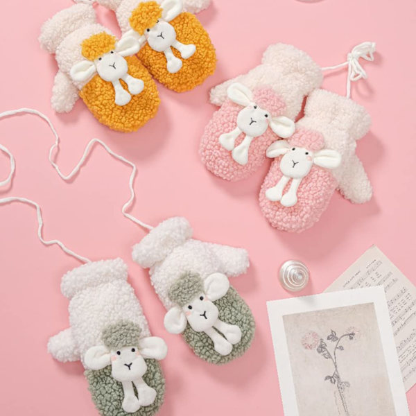 Vinterhansker Fluffy Animal Hansker Plysj Sau Hansker med Snøring Full Finger Hansker Vinter Varme Hansker, Rosa