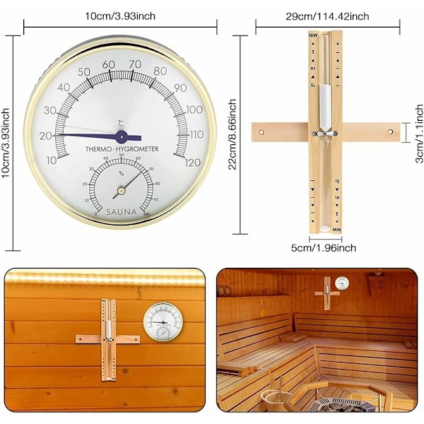 Sauna Termometre Hygometre og Timeglas, Betterlife 15 Minutters Timer 2 i 1 Sauna Rum Termometer Hygrometer