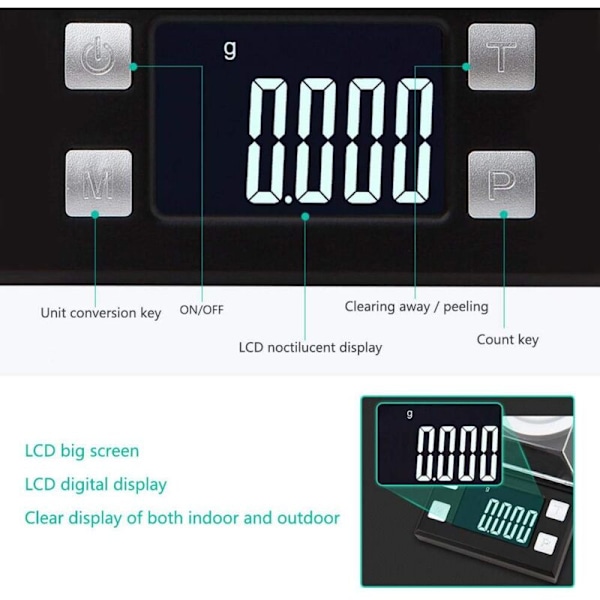 0.001G Digital Elektronisk Vekt Høy Presisjon Bærbar Mini LCD Digital Vekt for Smykker Gull Piller (50g/0.001g)