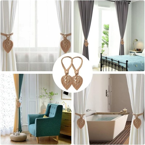 (Lys karry) Sæt med 2 gardinholdere, til boho gardiner, håndlavet holder, dekorative clips, skrivebord til kontor, hus, soveværelse, gardin